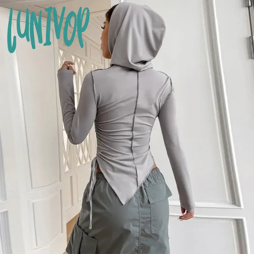 Lunivop Streetwear Long Sleeve Ruched Sirring Side T Shirt Y2K Emo Slim With Hat Crop Top Women