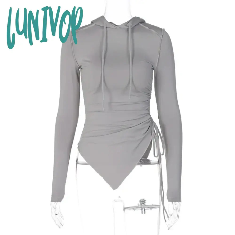 Lunivop Streetwear Long Sleeve Ruched Sirring Side T Shirt Y2K Emo Slim With Hat Crop Top Women