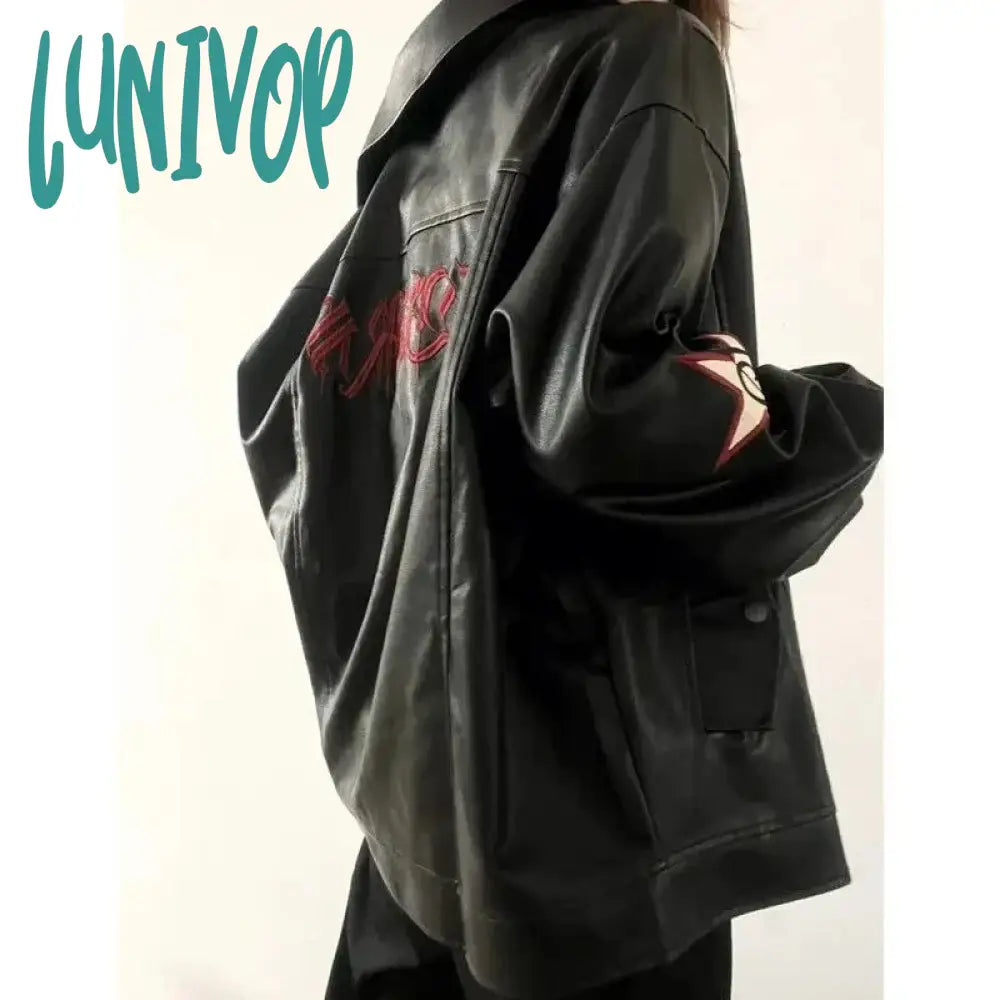 Lunivop Streetwear Pu Leather Jackets Women Oversized Embroidery Coat Harajuku Vintage Turn Down