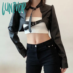 Lunivop Streetwear Punk Style Buckles Black Pu Leather Jacket Women Spring Autumn Smock Cropped