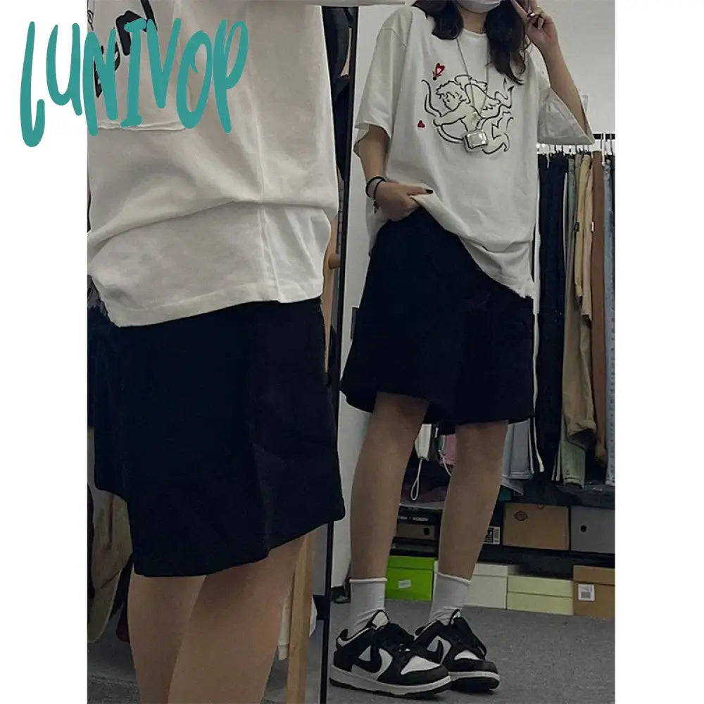 Lunivop Streetwear Pure Cotton Shorts Women Harajuku Oversized Cargo Summer Korean Black White Wide