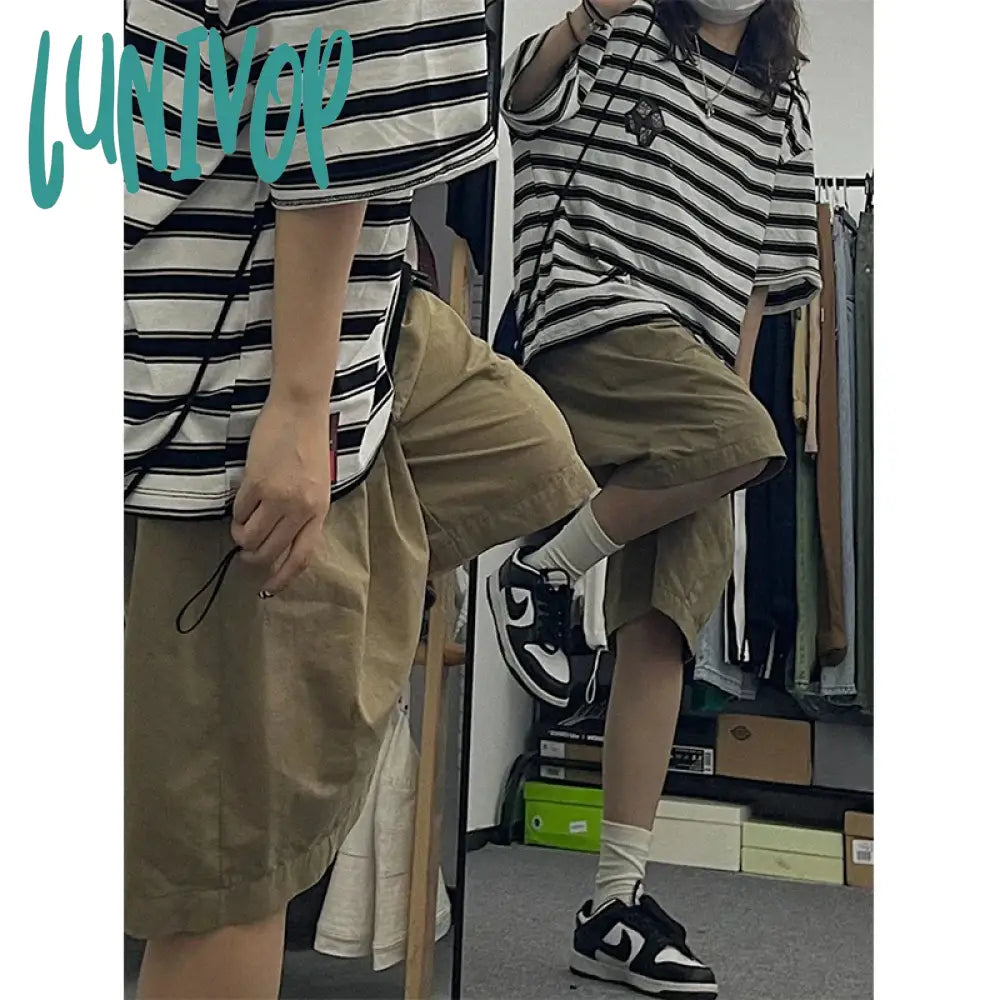 Lunivop Streetwear Pure Cotton Shorts Women Harajuku Oversized Cargo Summer Korean Black White Wide