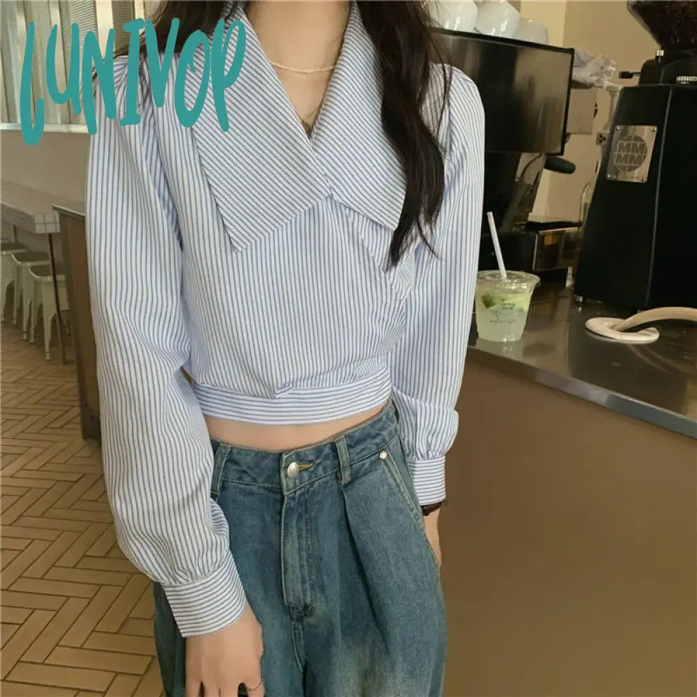 Lunivop Streetwear Striped Shirts Women Vintage Bandage Long Sleeve Crop Tops Spring Korean Fashion