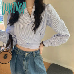 Lunivop Streetwear Striped Shirts Women Vintage Bandage Long Sleeve Crop Tops Spring Korean Fashion