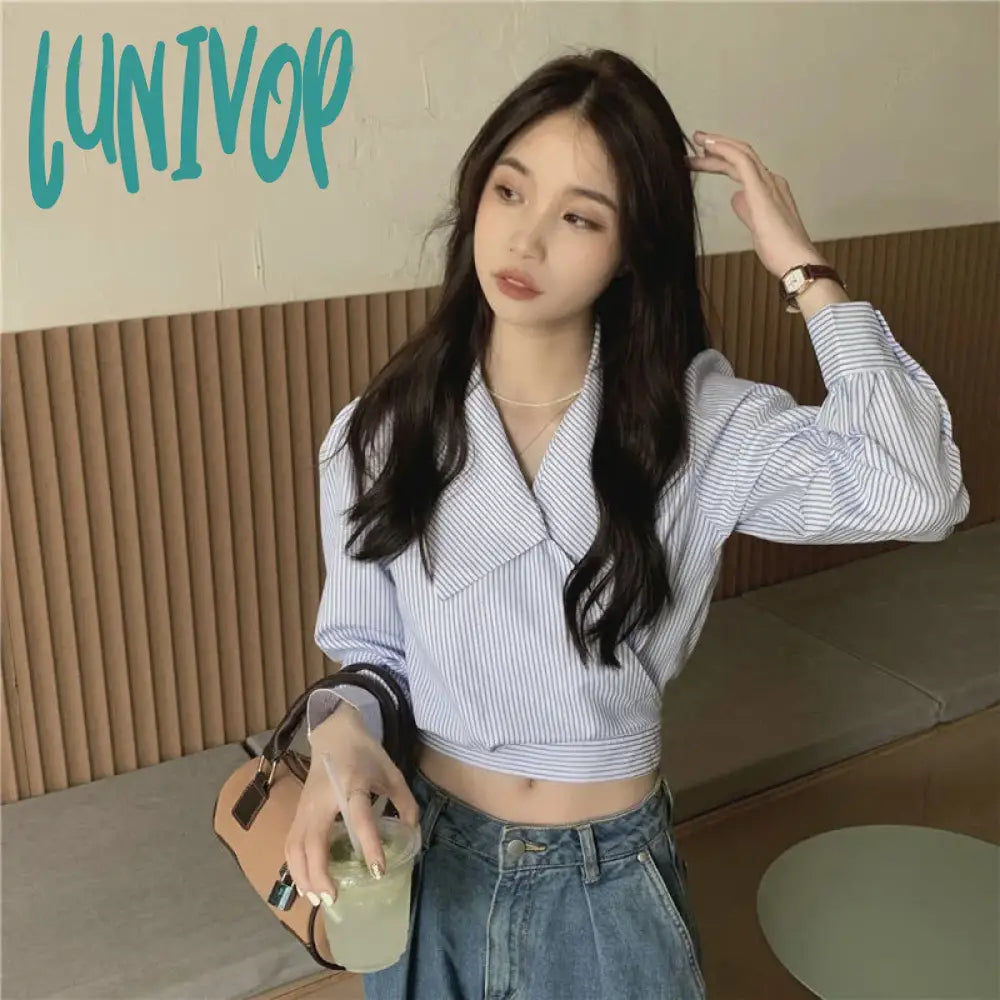 Lunivop Streetwear Striped Shirts Women Vintage Bandage Long Sleeve Crop Tops Spring Korean Fashion