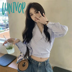 Lunivop Streetwear Striped Shirts Women Vintage Bandage Long Sleeve Crop Tops Spring Korean Fashion