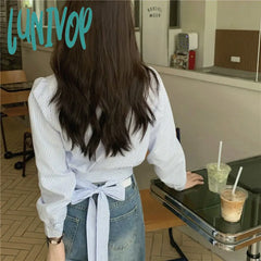 Lunivop Streetwear Striped Shirts Women Vintage Bandage Long Sleeve Crop Tops Spring Korean Fashion