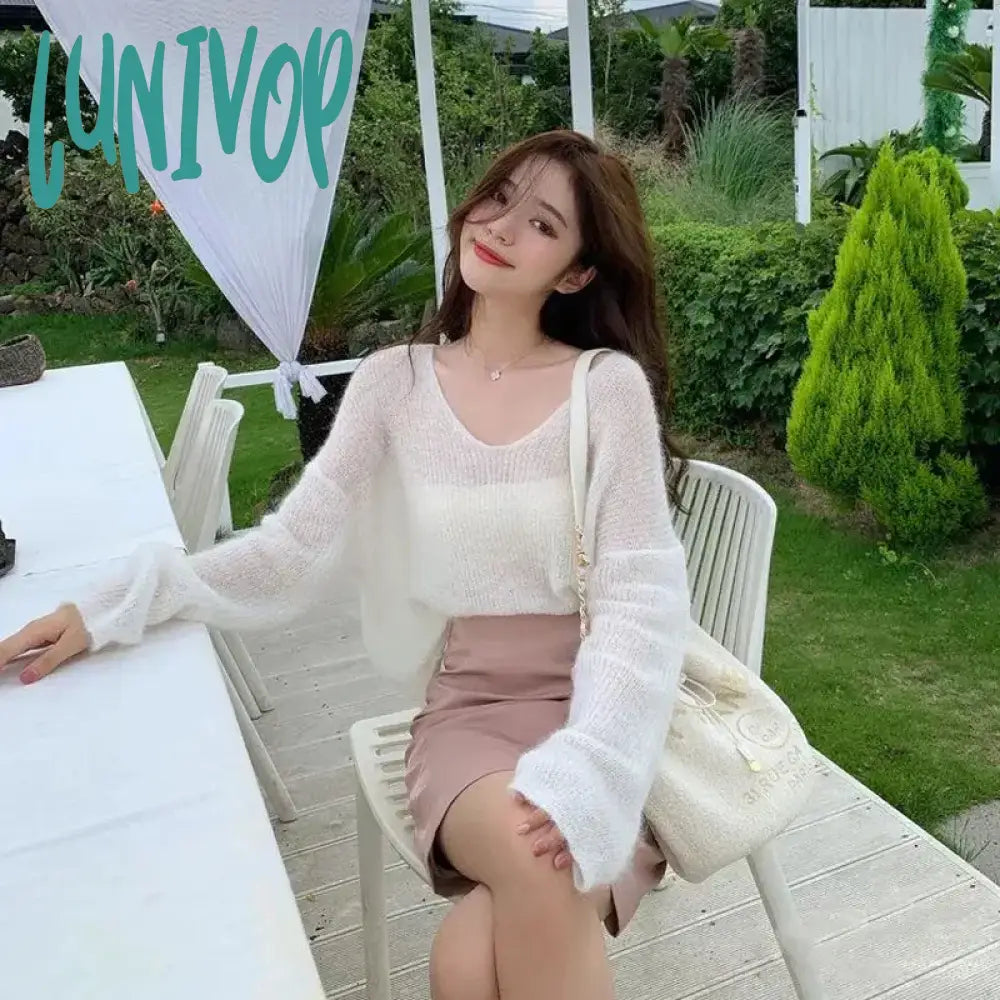 Lunivop Streetwear Sweater Women Korean Hollow Out Sun-Proof Knitted Pullovers Summer V Neck See