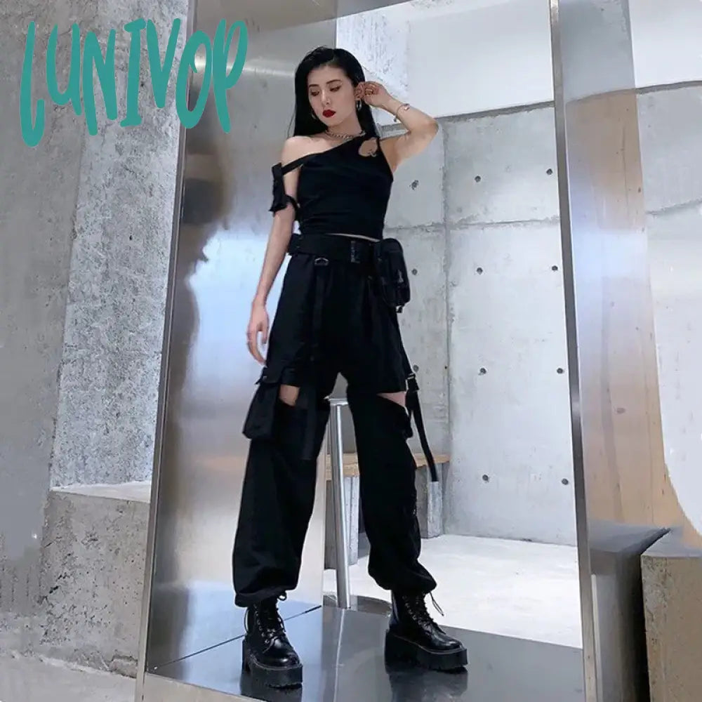 Lunivop Streetwear Women Drawstring Cargo Pants High Waist Spliced Hollow Out Wide Leg Trousers
