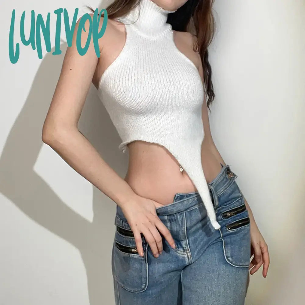 Lunivop Streetwear Women Sleeveless Top Halter Backless V-Hem Asymmetrical Knit Ribbed Oversized