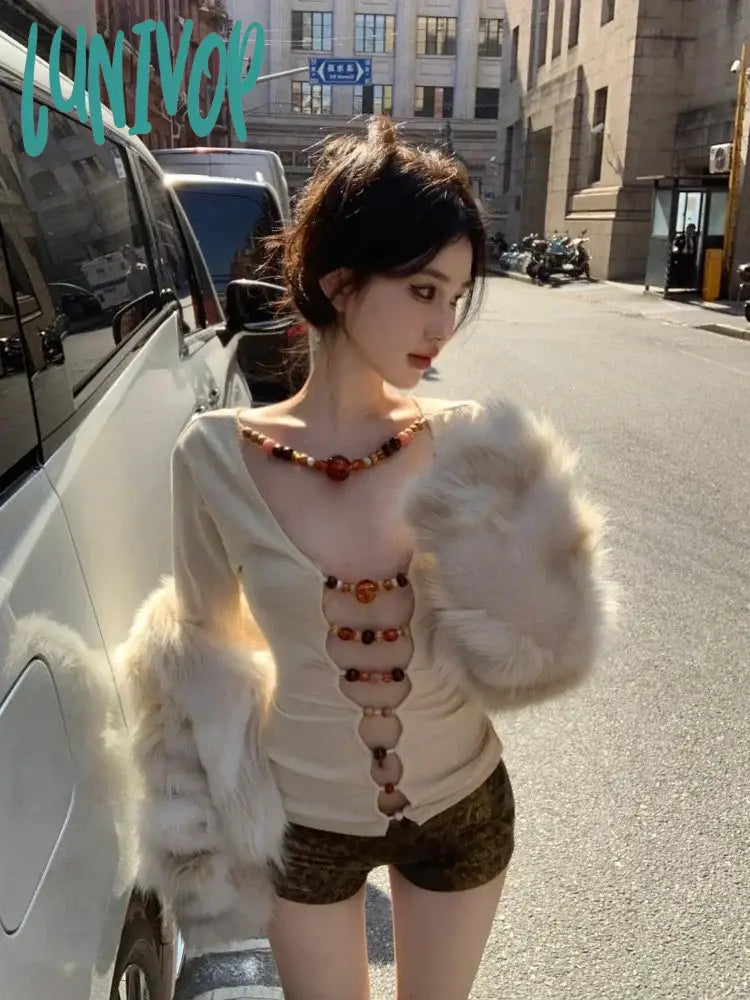 Lunivop Streetwear Y2K Aesthetic Causal T-Shirts Sexy Slim Hollow Out Beading Tshirts Harajuku