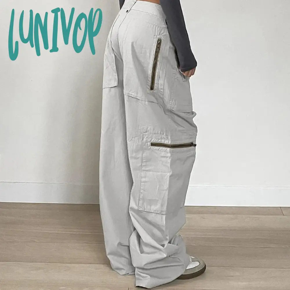 Lunivop Streetwear Zipper Pockets Cargo Trousers Women Casual Straight Leg Denim Jeans Harajuku Low