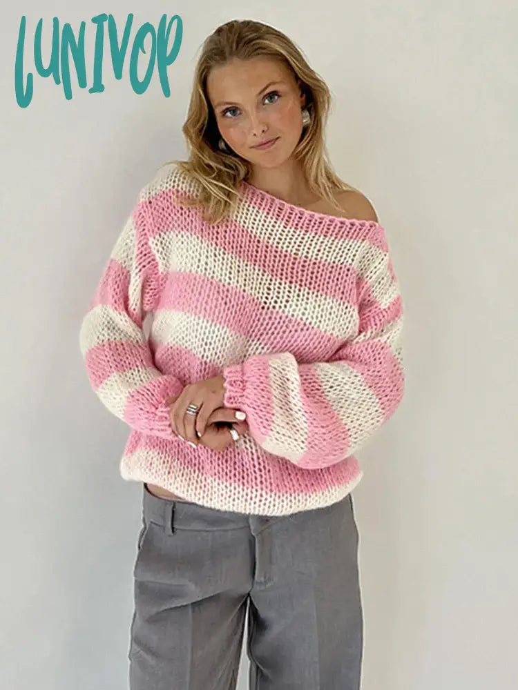 Lunivop Stripe Loose Lazy Knitting Sweater Female Versatile Long Sleeves Pullover Casual Womens