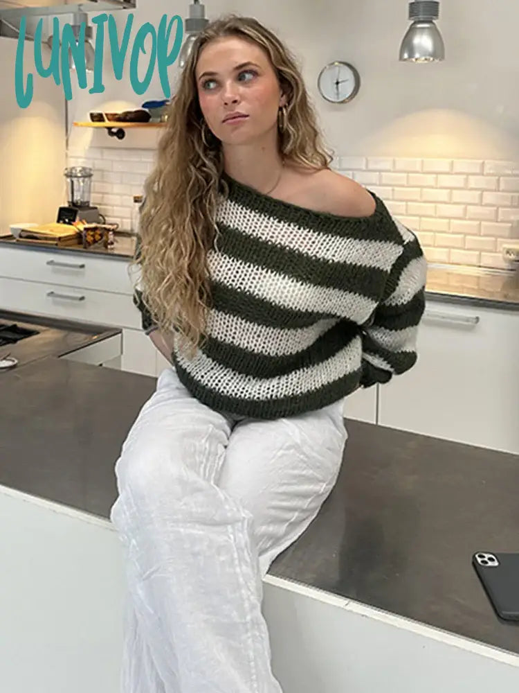 Lunivop Stripe Loose Lazy Knitting Sweater Female Versatile Long Sleeves Pullover Casual Womens