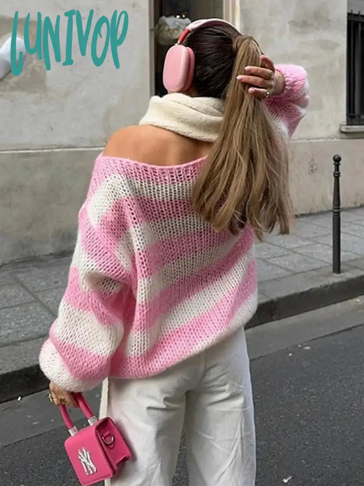 Lunivop Stripe Loose Lazy Knitting Sweater Female Versatile Long Sleeves Pullover Casual Womens