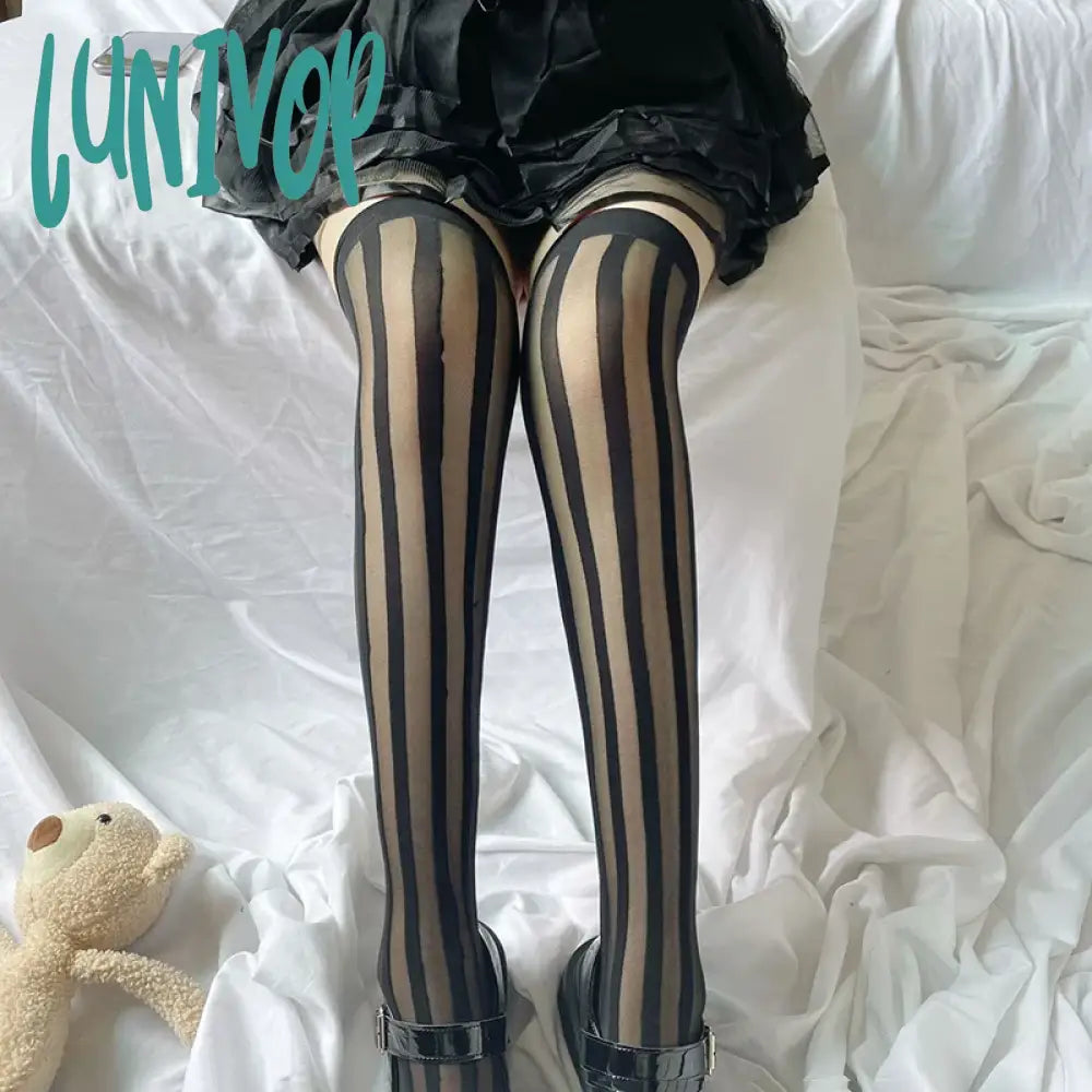 Lunivop Striped Black Silk Jacquard Long Stockings Jk Uniform Thigh Socks Female Club Party Over