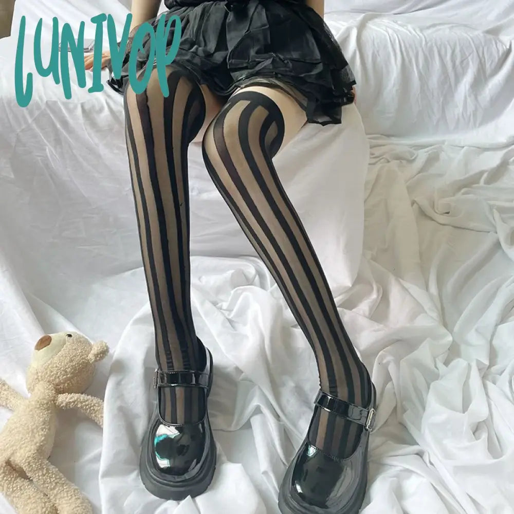 Lunivop Striped Black Silk Jacquard Long Stockings Jk Uniform Thigh Socks Female Club Party Over