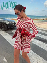 Lunivop Striped Block Color Knit Mini Dress For Women High Waist Flare Sleeves Hollow Slim Autumn