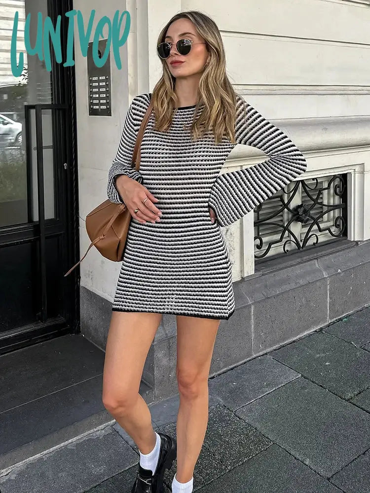 Lunivop Striped Block Color Knit Mini Dress For Women High Waist Flare Sleeves Hollow Slim Autumn