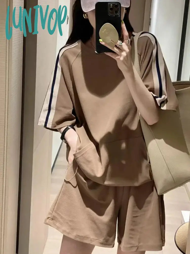 Lunivop Striped Casual Tracksuit Suit Women Summer New Loose Short Sleeved O-Neck Top + Wide-Leg