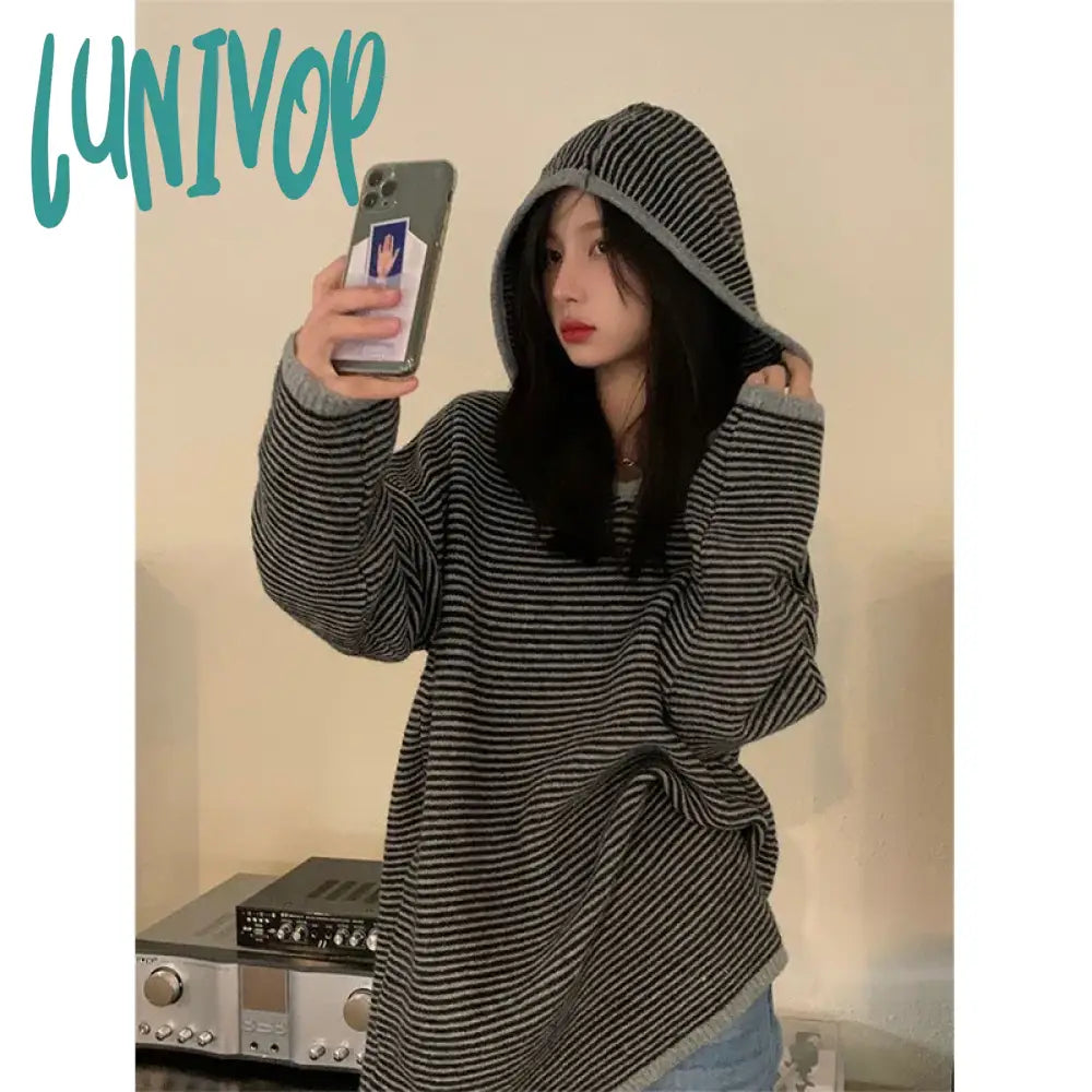 Lunivop Striped Hooded Sweater Women Streetwear Oversized Knitted Pullovers Y2K Harajuku Knitwear