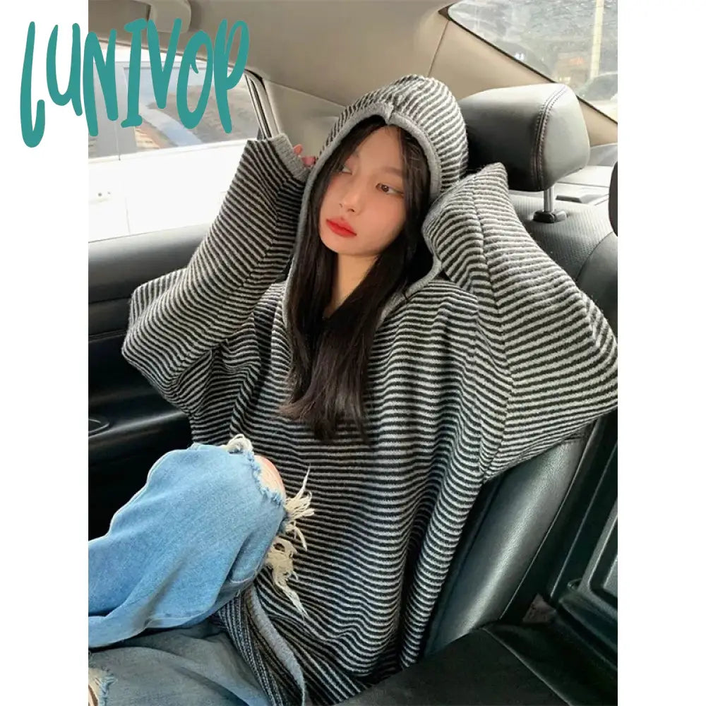 Lunivop Striped Hooded Sweater Women Streetwear Oversized Knitted Pullovers Y2K Harajuku Knitwear