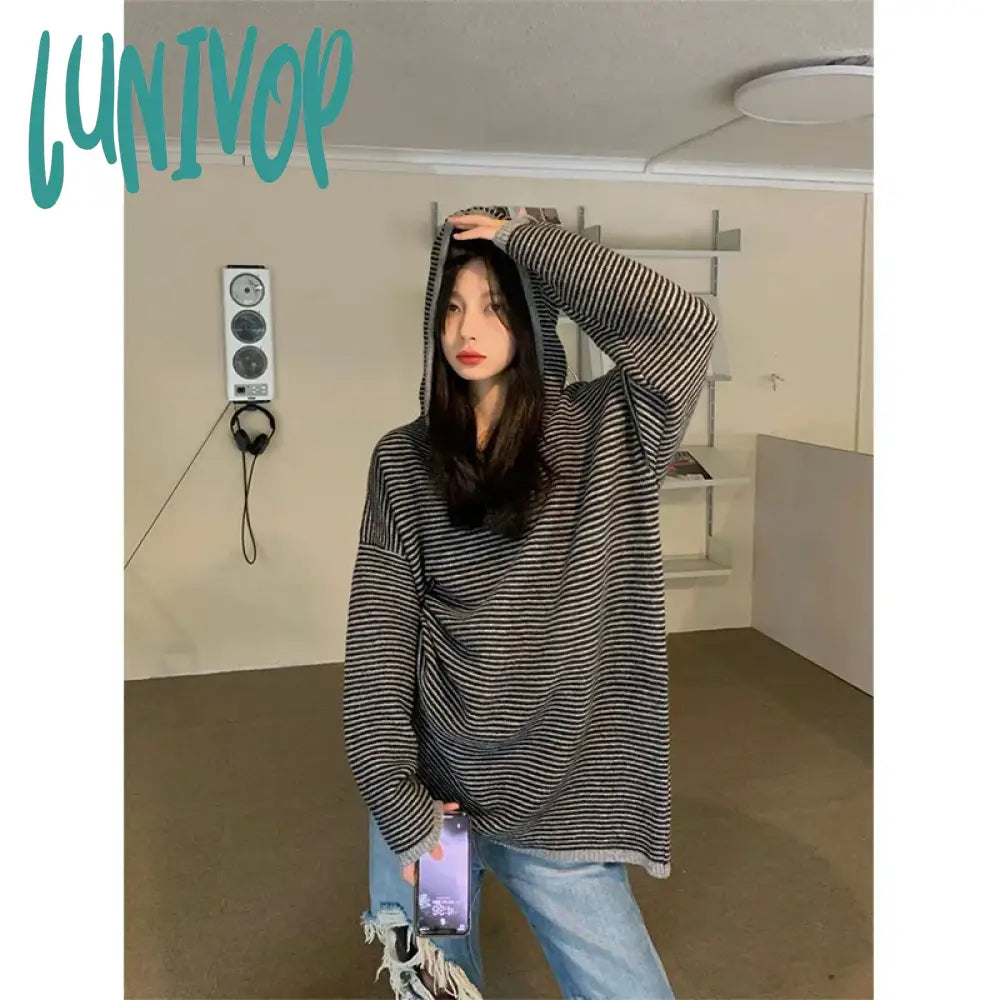 Lunivop Striped Hooded Sweater Women Streetwear Oversized Knitted Pullovers Y2K Harajuku Knitwear