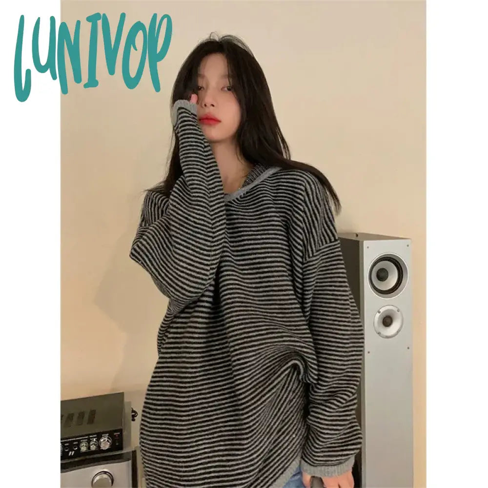 Lunivop Striped Hooded Sweater Women Streetwear Oversized Knitted Pullovers Y2K Harajuku Knitwear