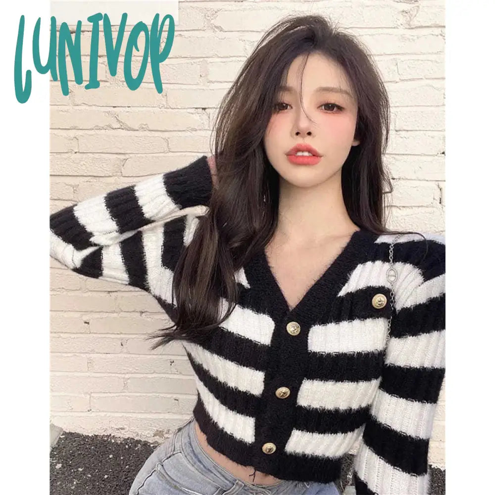 Lunivop Striped Knitted Cardigan Women Korean V Neck Cropped Sweaters Harajuku Streetwear Slim