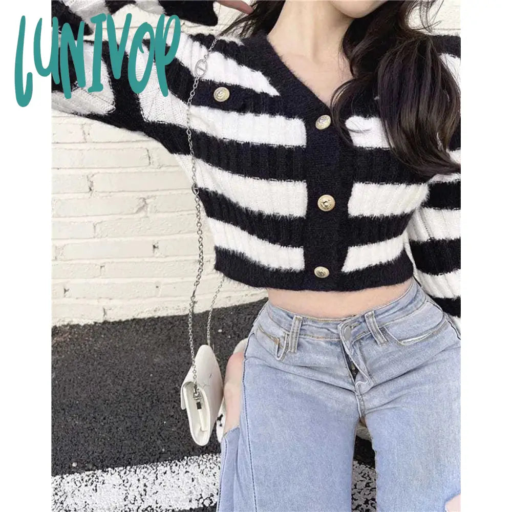 Lunivop Striped Knitted Cardigan Women Korean V Neck Cropped Sweaters Harajuku Streetwear Slim