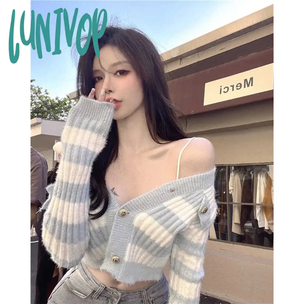 Lunivop Striped Knitted Cardigan Women Korean V Neck Cropped Sweaters Harajuku Streetwear Slim