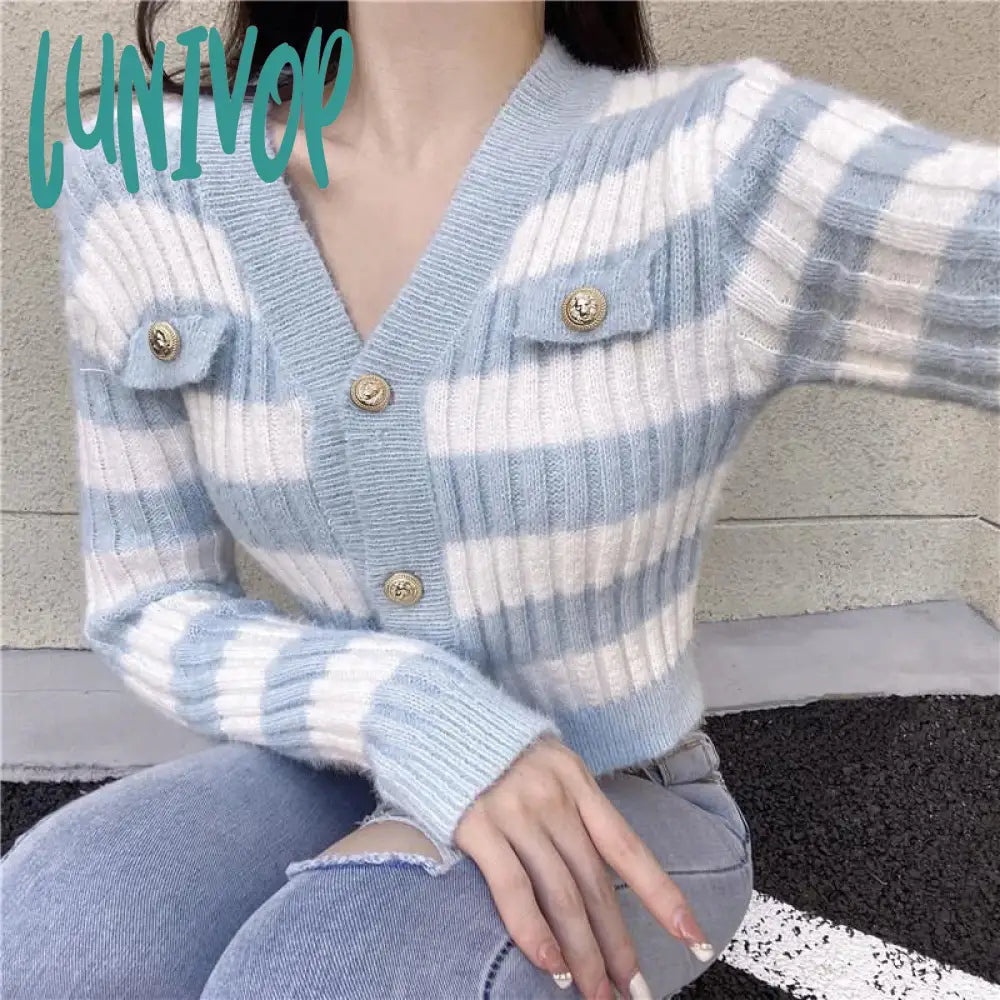 Lunivop Striped Knitted Cardigan Women Korean V Neck Cropped Sweaters Harajuku Streetwear Slim