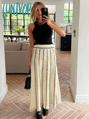 Lunivop Striped Knitted Long Skirt Women Summer Tassel High Waist Maxi Skirts Women’s Autumn