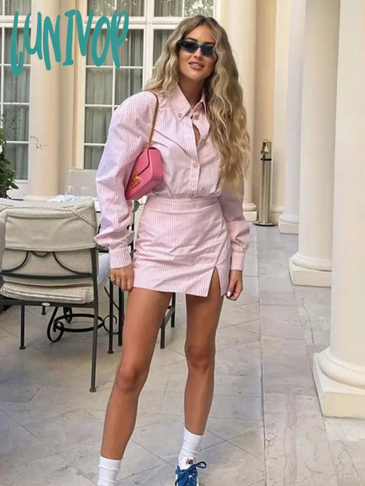 Lunivop Striped Shirt Hip Wrap Skirts Suit For Women Fashion Office Lady Long Sleeve Slim Split