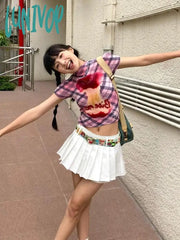Lunivop Summer 2000S Vintage Aesthetic Plaid Graphic T-Shirts Women Short Sleeve Tees Stretch Crop