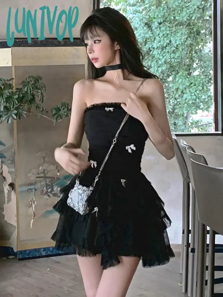 Lunivop Summer Apricot France Elegant Dress Women Bow Y2K Party Mini Female Backless Korean Fashion