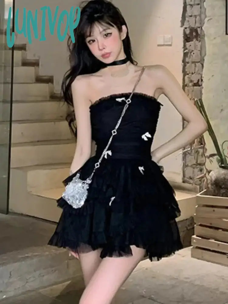 Lunivop Summer Apricot France Elegant Dress Women Bow Y2K Party Mini Female Backless Korean Fashion