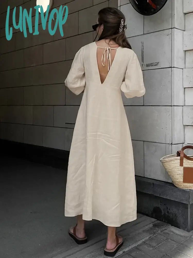 Lunivop Summer Autumn Holiday Shirt Dress Solid Khaki V-Neck Short Sleeve Midi For Women