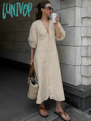 Lunivop Summer Autumn Holiday Shirt Dress Solid Khaki V-Neck Short Sleeve Midi For Women