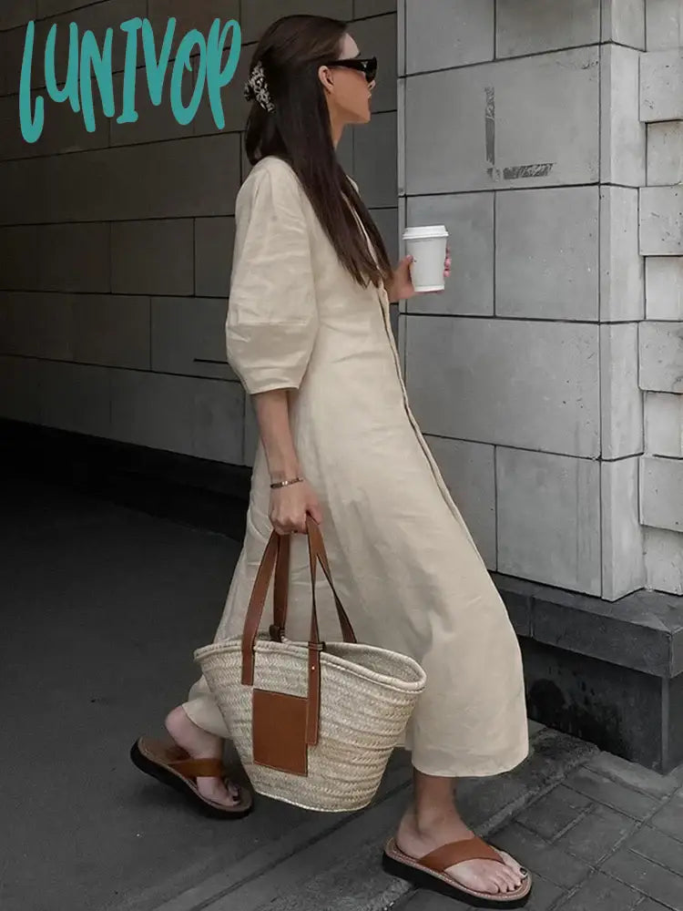 Lunivop Summer Autumn Holiday Shirt Dress Solid Khaki V-Neck Short Sleeve Midi For Women