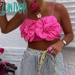 Lunivop Summer Beach Bohemian Sleeveless Camis 3D Flower Chest Wrap Crop Tops Women Fitted Open