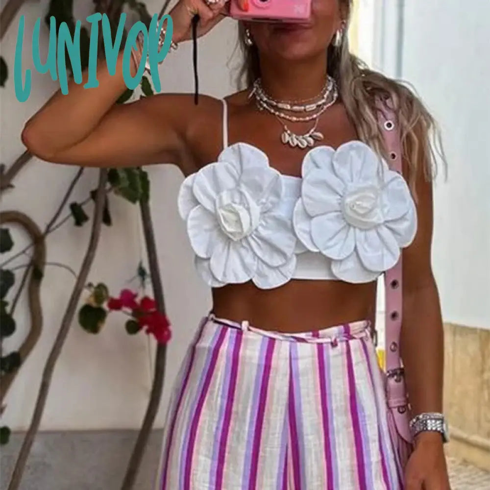 Lunivop Summer Beach Bohemian Sleeveless Camis 3D Flower Chest Wrap Crop Tops Women Fitted Open