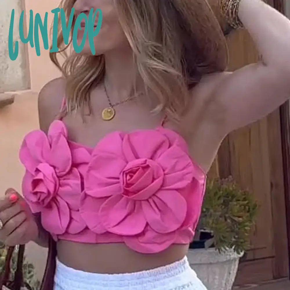 Lunivop Summer Beach Bohemian Sleeveless Camis 3D Flower Chest Wrap Crop Tops Women Fitted Open