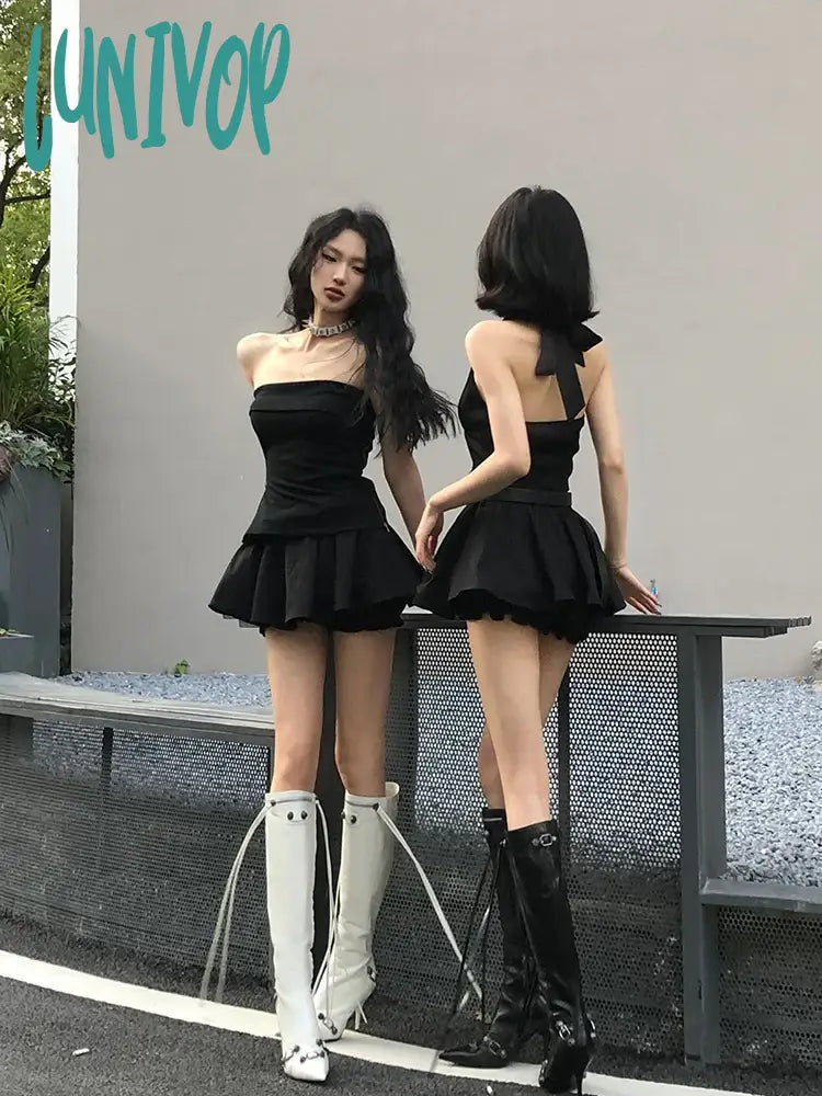 Lunivop Summer Black Y2K Two Piece Skirt Set Women Sexy Gothic Party Mini Female Korean Fashion