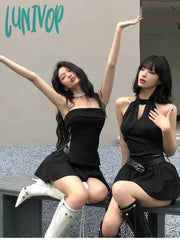 Lunivop Summer Black Y2K Two Piece Skirt Set Women Sexy Gothic Party Mini Female Korean Fashion