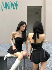 Lunivop Summer Black Y2K Two Piece Skirt Set Women Sexy Gothic Party Mini Female Korean Fashion