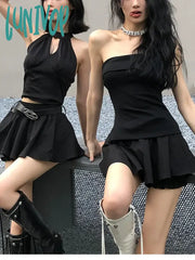 Lunivop Summer Black Y2K Two Piece Skirt Set Women Sexy Gothic Party Mini Female Korean Fashion