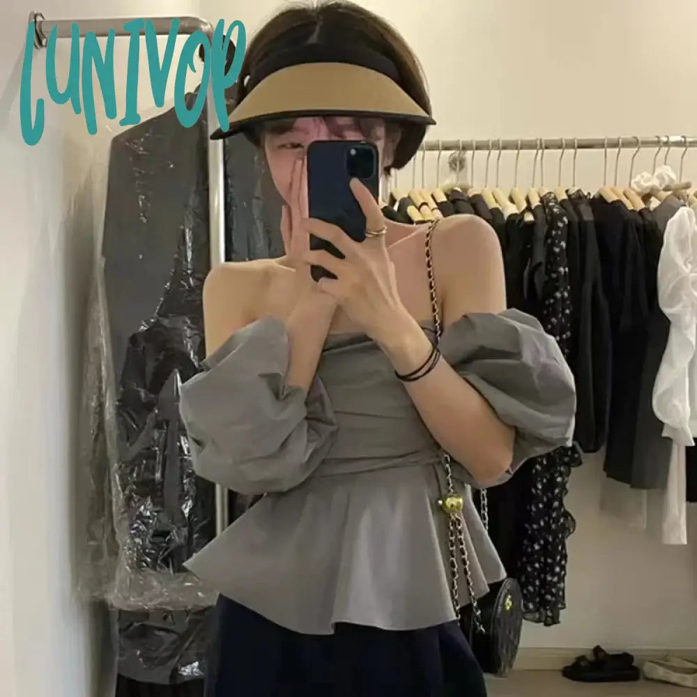 Lunivop Summer Blouse Female French Vintage Temperament Blusa Slash Neck Sexy Off Shoulder Waist