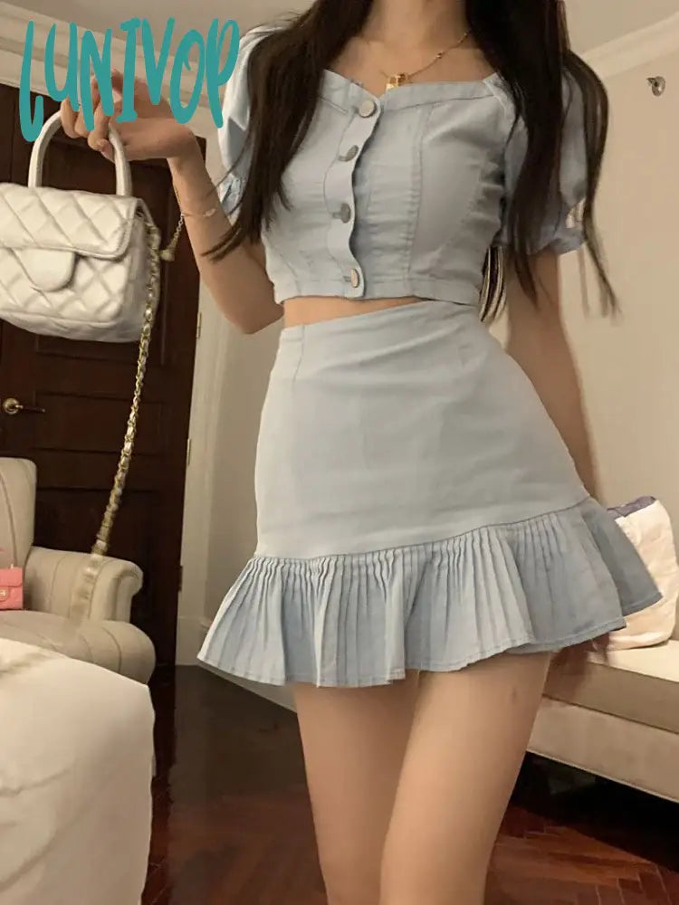 Lunivop Summer Blue Kawaii Two Piece Skirt Set Women Solid Designer Party Mini Suit Female Korean