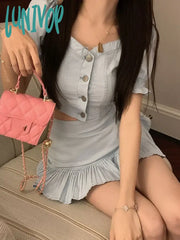 Lunivop Summer Blue Kawaii Two Piece Skirt Set Women Solid Designer Party Mini Suit Female Korean